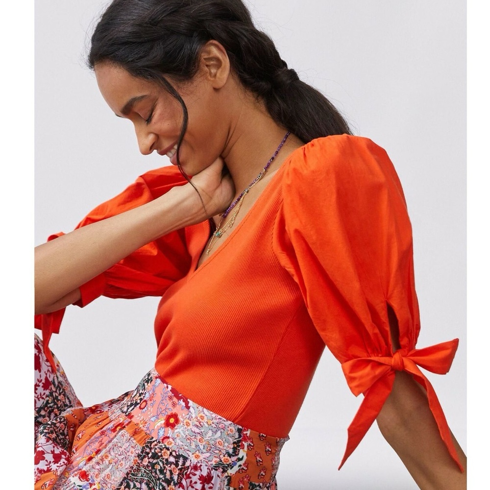Maeve Anthropologie Puff Sleeved Blouse w Bows, Ribbed Knit Orange Short Sleeve